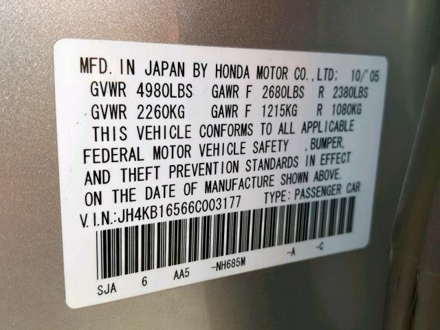 JH4KB16566C003177 - 2006 ACURA RL GRAY photo 10