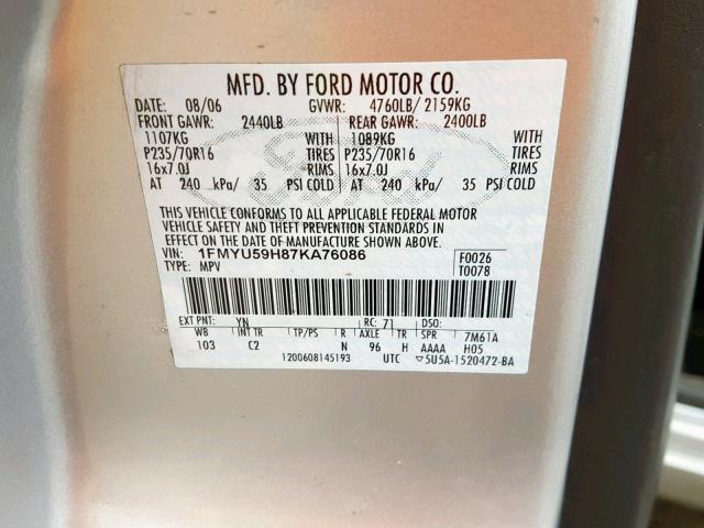 1FMYU59H87KA76086 - 2007 FORD ESCAPE HEV SILVER photo 10