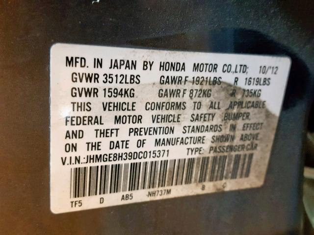 JHMGE8H39DC015371 - 2013 HONDA FIT GRAY photo 10