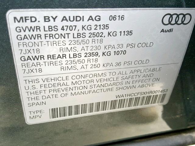 WA1HCCFSXHR001453 - 2017 AUDI Q3 PREMIUM GRAY photo 10