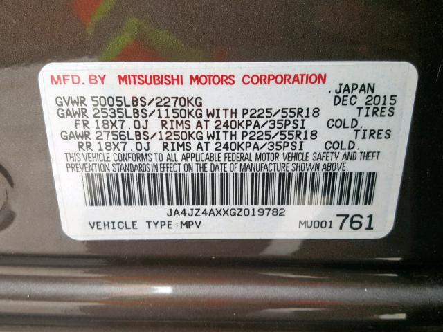 JA4JZ4AXXGZ019782 - 2016 MITSUBISHI OUTLANDER GRAY photo 10