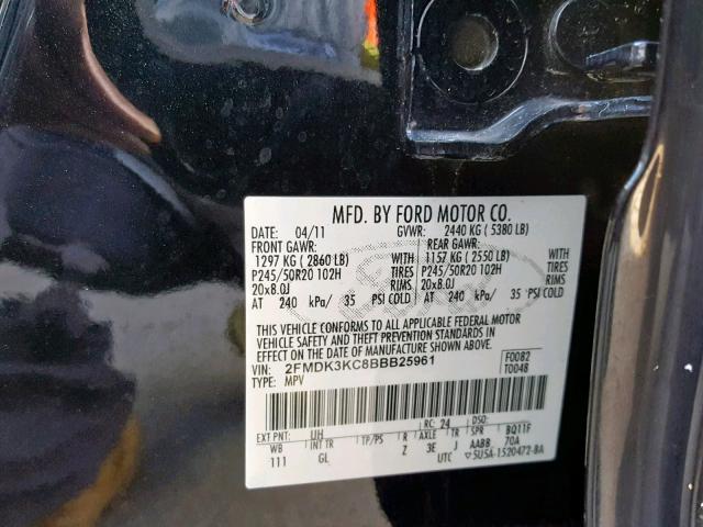 2FMDK3KC8BBB25961 - 2011 FORD EDGE LIMIT BLACK photo 10