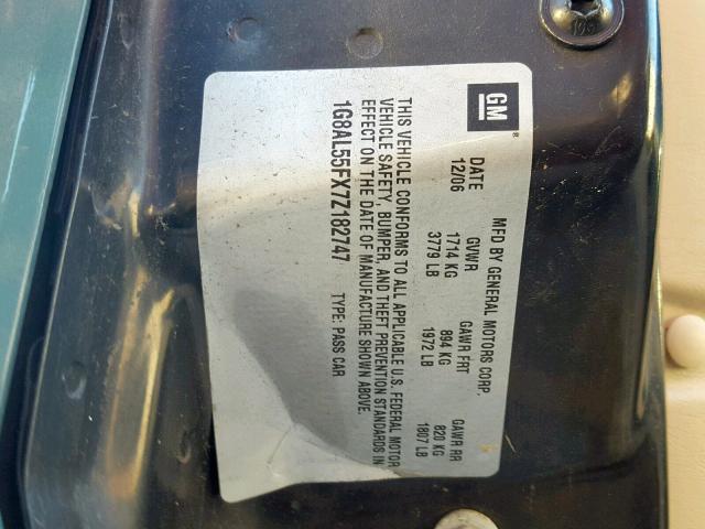 1G8AL55FX7Z182747 - 2007 SATURN ION LEVEL GREEN photo 10