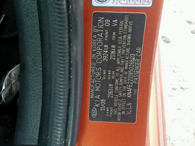 KNAFE221195026603 - 2009 KIA SPECTRA EX ORANGE photo 10