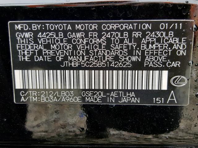 JTHBF5C25B5142625 - 2011 LEXUS IS 250 BLACK photo 10