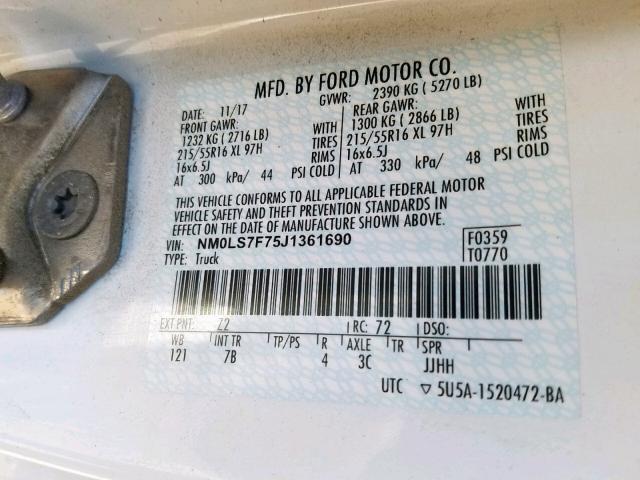 NM0LS7F75J1361690 - 2018 FORD TRANSIT CO WHITE photo 10