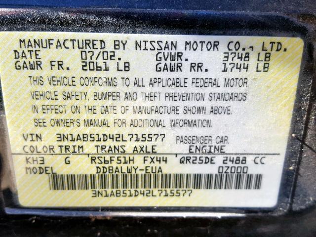 3N1AB51D42L715577 - 2002 NISSAN SENTRA SE- BLACK photo 10