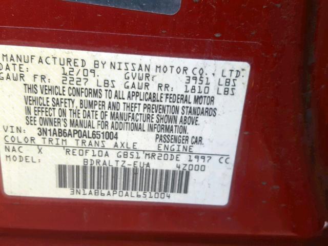 3N1AB6AP0AL651004 - 2010 NISSAN SENTRA 2.0 RED photo 10