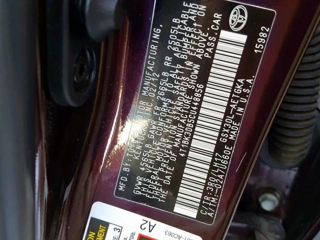 4T1BK3DB5CU448856 - 2012 TOYOTA AVALON BAS BURGUNDY photo 10