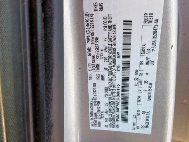 1FMCU0F76EUB86175 - 2014 FORD ESCAPE S SILVER photo 10