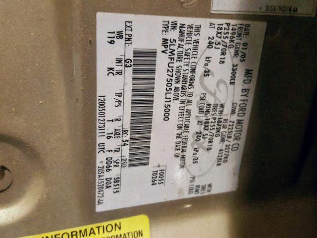 5LMFU27505LJ15000 - 2005 LINCOLN NAVIGATOR Қоңыр фото 10