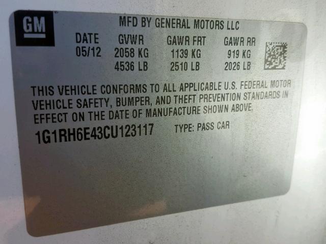 1G1RH6E43CU123117 - 2012 CHEVROLET VOLT WHITE photo 10