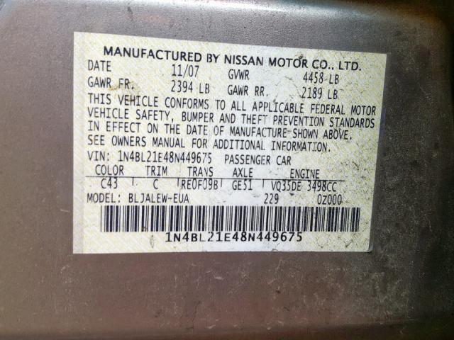 1N4BL21E48N449675 - 2008 NISSAN ALTIMA 3.5 GOLD photo 10