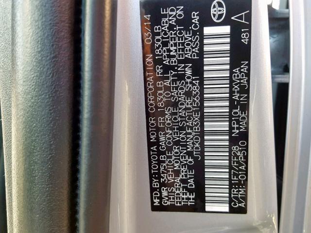 JTDKDTB3XE1563841 - 2014 TOYOTA PRIUS C SILVER photo 10