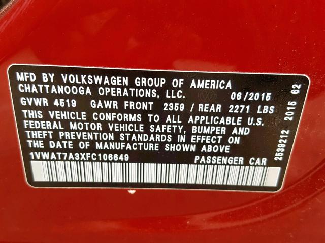 1VWAT7A3XFC106649 - 2015 VOLKSWAGEN PASSAT S RED photo 10