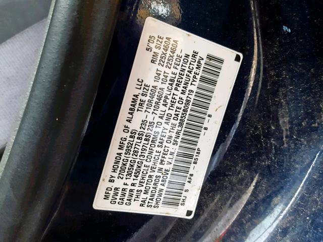 5FNRL38855B098719 - 2005 HONDA ODYSSEY TO BLUE photo 10