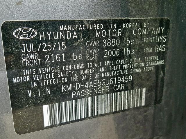 KMHDH4AE5GU619459 - 2016 HYUNDAI ELANTRA SE GRAY photo 10