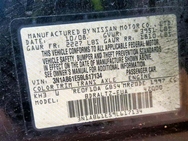 3N1AB61E59L617134 - 2009 NISSAN SENTRA 2.0 BLACK photo 10