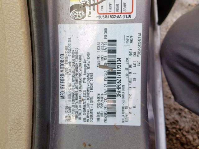 3FAHP06Z17R193134 - 2007 FORD FUSION S GRAY photo 10