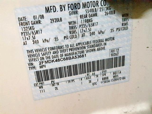 2FMDK48C68BA53681 - 2008 FORD EDGE SEL WHITE photo 10