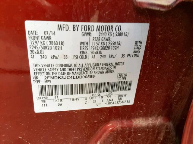 2FMDK3JC4EBB00559 - 2014 FORD EDGE SEL MAROON photo 10