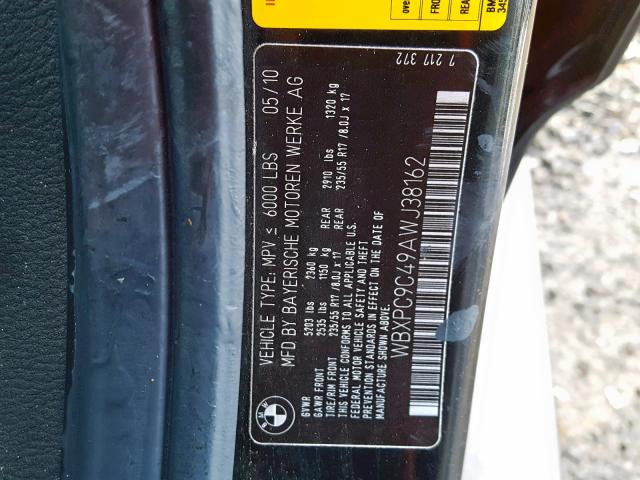 WBXPC9C49AWJ38162 - 2010 BMW X3 XDRIVE3 BLACK photo 10