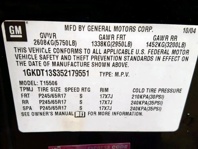 1GKDT13S352179551 - 2005 GMC ENVOY GRAY photo 10