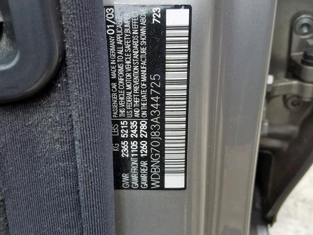 WDBNG70J83A344725 - 2003 MERCEDES-BENZ S 430 GRAY photo 10