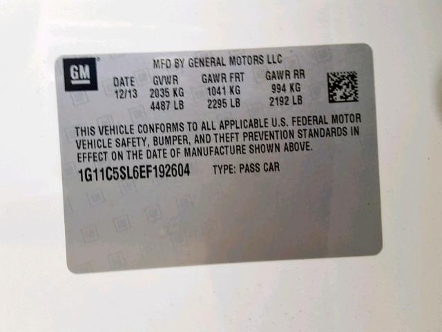 1G11C5SL6EF192604 - 2014 CHEVROLET MALIBU 1LT WHITE photo 10