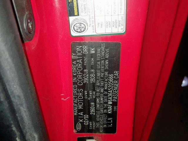 KNAFW6A36A5205666 - 2010 KIA FORTE SX RED photo 10