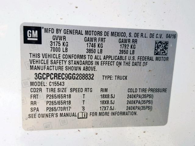 3GCPCREC9GG288832 - 2016 CHEVROLET SILVERADO WHITE photo 10