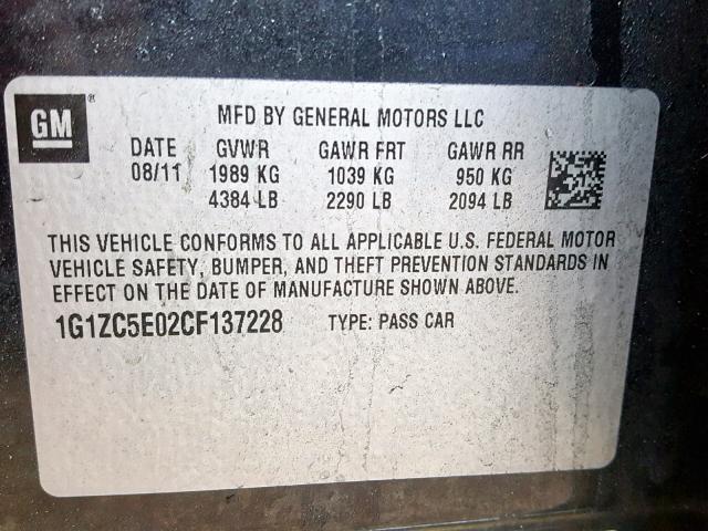 1G1ZC5E02CF137228 - 2012 CHEVROLET MALIBU 1LT BLACK photo 10