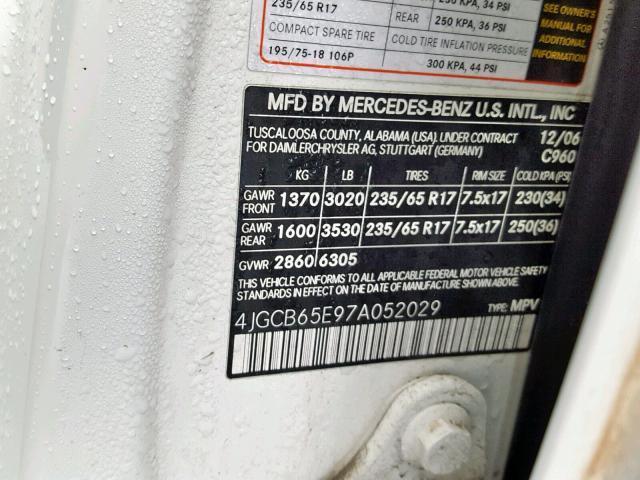 4JGCB65E97A052029 - 2007 MERCEDES-BENZ R 350 WHITE photo 10