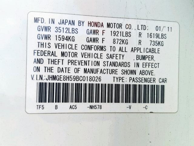 JHMGE8H59BC018026 - 2011 HONDA FIT SPORT WHITE photo 10