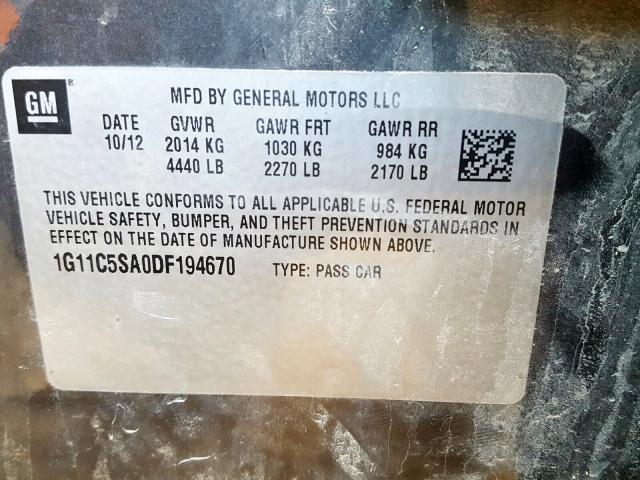 1G11C5SA0DF194670 - 2013 CHEVROLET MALIBU 1LT  照片 10