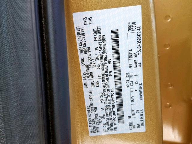 1FMCU0F76FUB97016 - 2015 FORD ESCAPE S GOLD photo 10