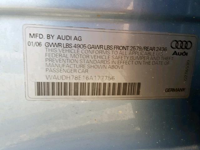 WAUDH78E16A177756 - 2006 AUDI A4 3.2 QUA BLUE photo 10