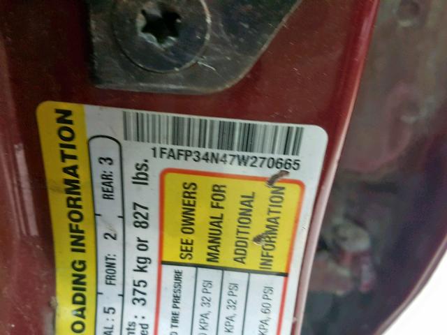 1FAFP34N47W270665 - 2007 FORD FOCUS ZX4 RED photo 10