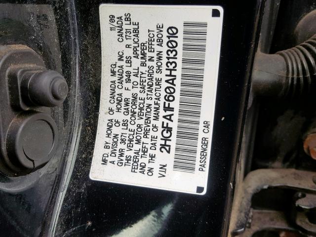 2HGFA1F60AH313010 - 2010 HONDA CIVIC BLACK photo 10