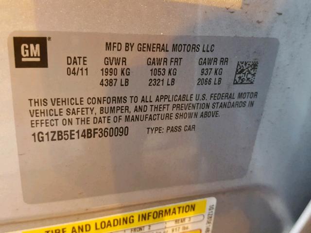 1G1ZB5E14BF360090 - 2011 CHEVROLET MALIBU LS ვერცხლისფერი ფოტო 10