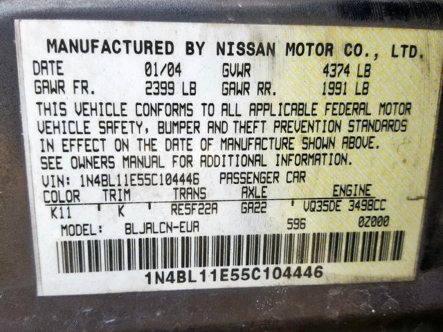 1N4BL11E55C104446 - 2005 NISSAN ALTIMA SE GRAY photo 10