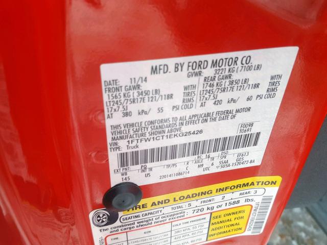 1FTFW1CT1EKG25426 - 2014 FORD F150 SUPER RED photo 10