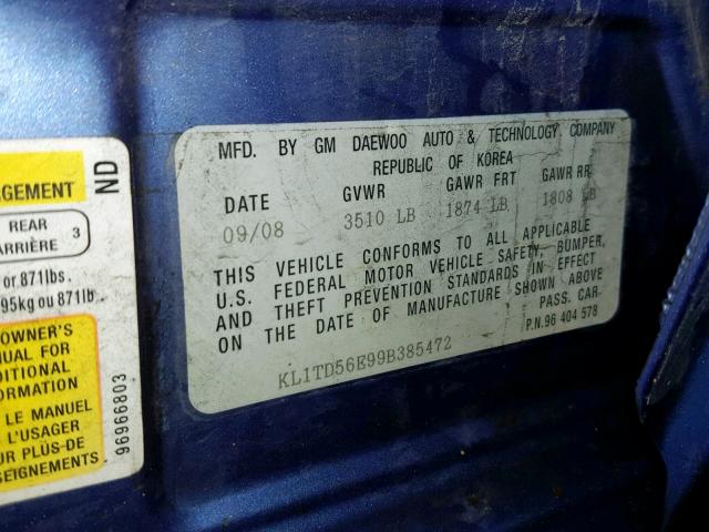 KL1TD56E99B385472 - 2009 CHEVROLET AVEO LS BLUE photo 10