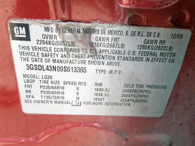 3GSDL43N09S613365 - 2009 SATURN VUE XE RED photo 10