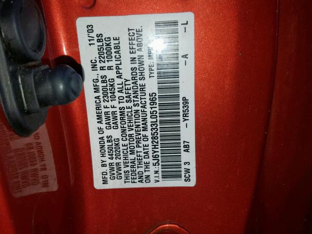 5J6YH28533L051965 - 2003 HONDA ELEMENT EX ORANGE photo 10