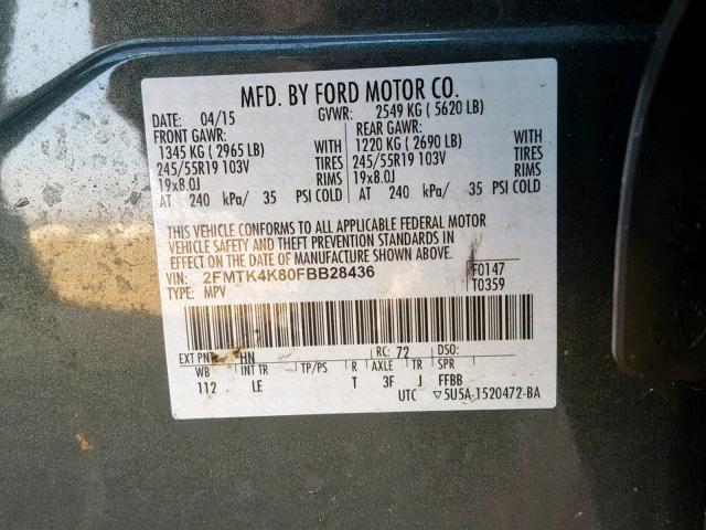 2FMTK4K80FBB28436 - 2015 FORD EDGE TITAN GREEN photo 10