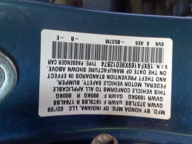 19XFA169X9E012874 - 2009 HONDA CIVIC EXL 蓝色 照片 10