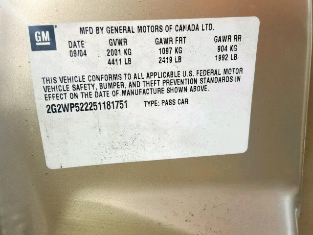 2G2WP522251181751 - 2005 PONTIAC GRAND PRIX GOLD photo 10