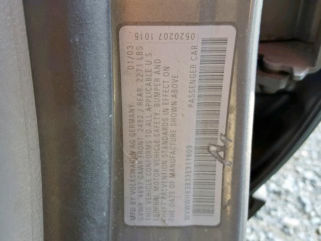 WVWWH63B33E311609 - 2003 VOLKSWAGEN PASSAT GLX 灰色 照片 10