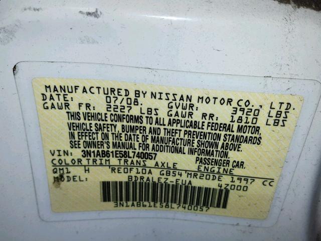 3N1AB61E58L740057 - 2008 NISSAN SENTRA 2.0 WHITE photo 10